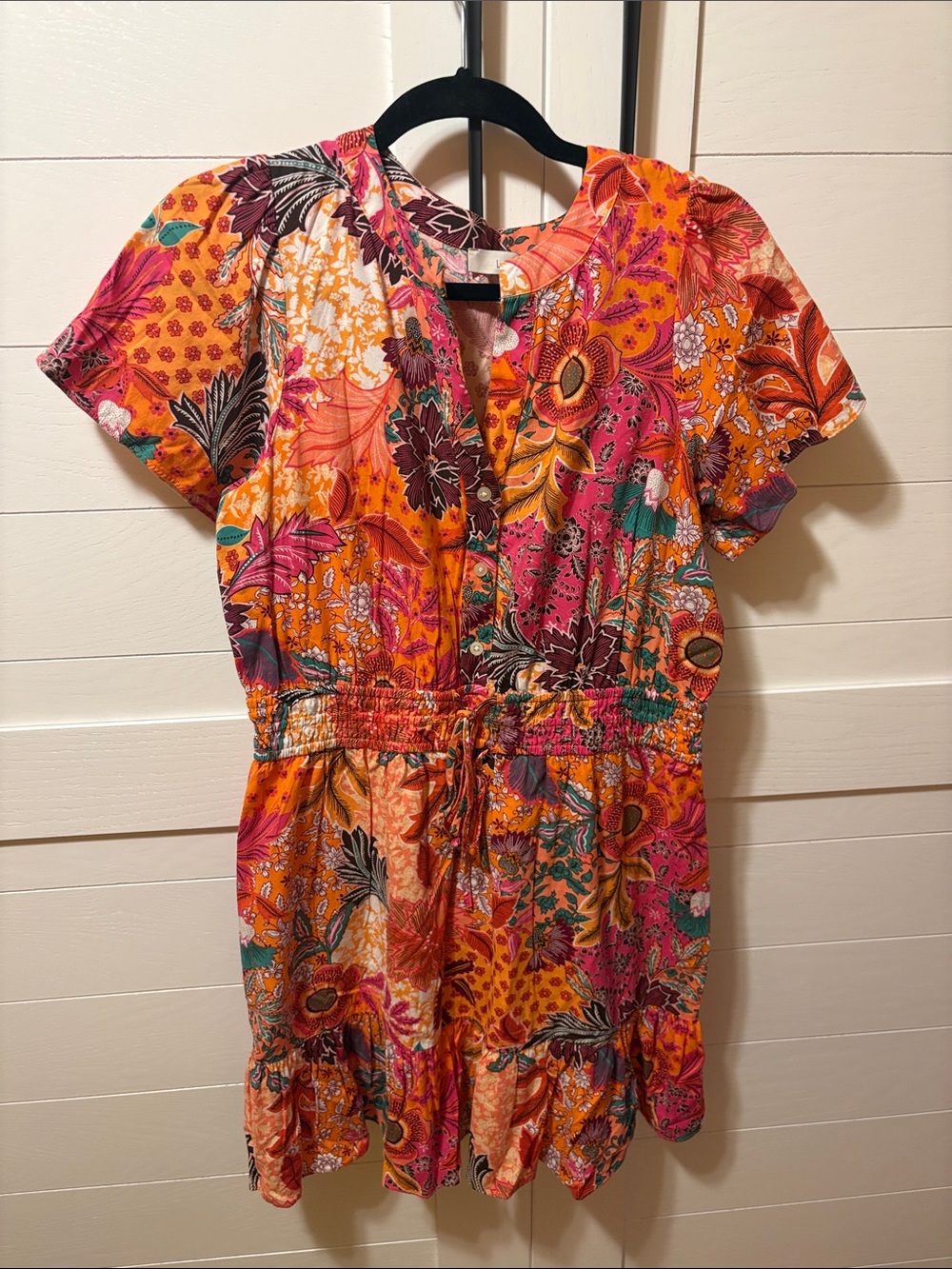 LOFT Orange Floral Short Sleeve Romper with Multicolor Print